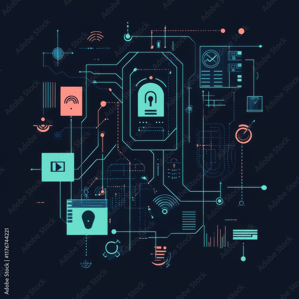Poster futuristic digital network with security icons and data visuals in neon colors on a dark background.