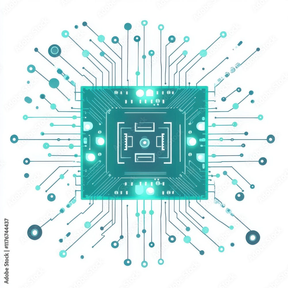 Poster abstract representation of a microprocessor with electronic circuits in blue tones, conveying techno