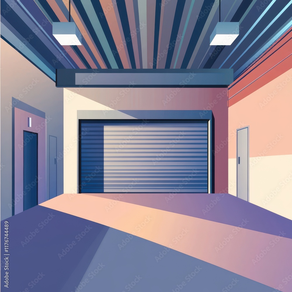 Poster stylized illustration of an empty garage with colorful geometric shapes and shadows.