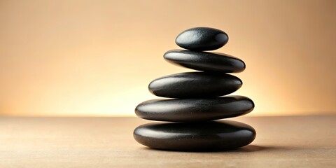 Obraz premium Balanced black stones, serene, minimalist composition. Light background, smooth, tranquil meditation.