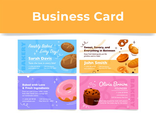 Business cards featuring freshly baked goods with creative designs for a local bakery
