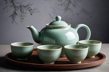 there are four cups and a teapot on a tray