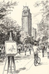 Sketch of city street scene, tall building, easel, cyclist.
