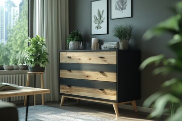 Sleek black and light wood chest of drawers with deep drawers, clean lines, natural wooden legs, and modern decor accents in an office or bedroom setting.