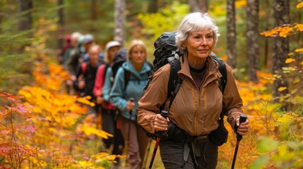Experienced Elderly Woman Leading a Group of Hikers Through Vibrant Forest Foliage with Confidence