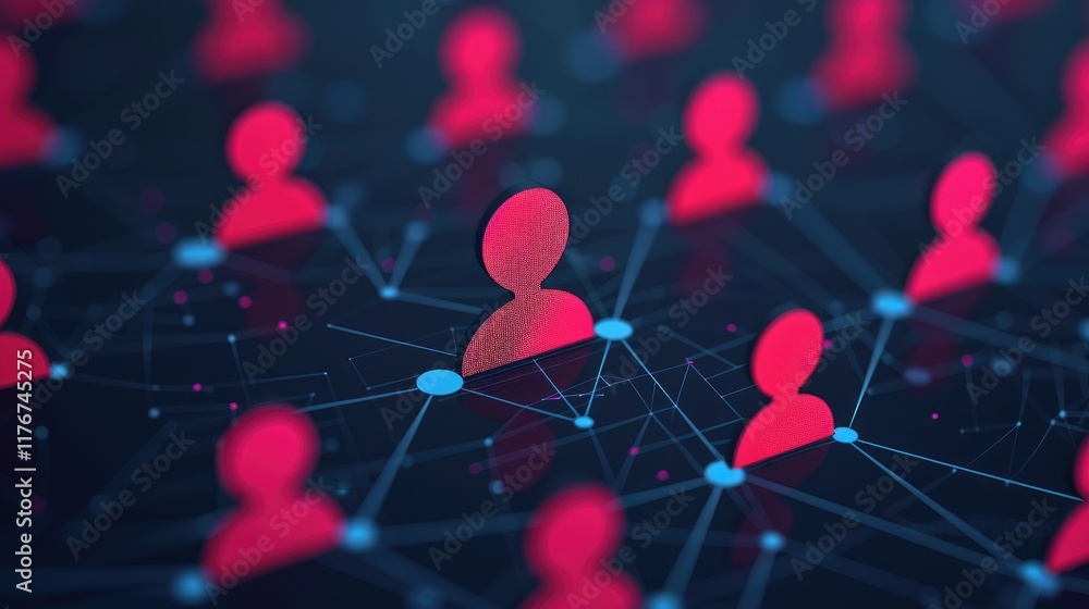 Poster a digital representation of interconnected users in a network, highlighting a central figure amidst 