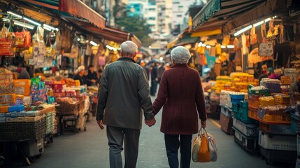Obraz premium Serene Moments: Elderly Couple Strolling Through Lively Street Market Filled with Cultural Vibes