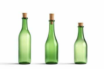 three green bottles with corks on a white surface
