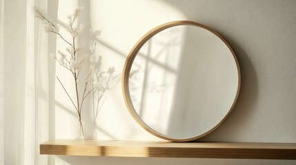 Close-up of a minimalist round mirror placed on a wooden shelf, reflecting a soft white background and natural tones.