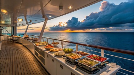 Fototapeta premium Luxury Cruise Ship Deck at Sunset with Gourmet Buffet and Sea View V3