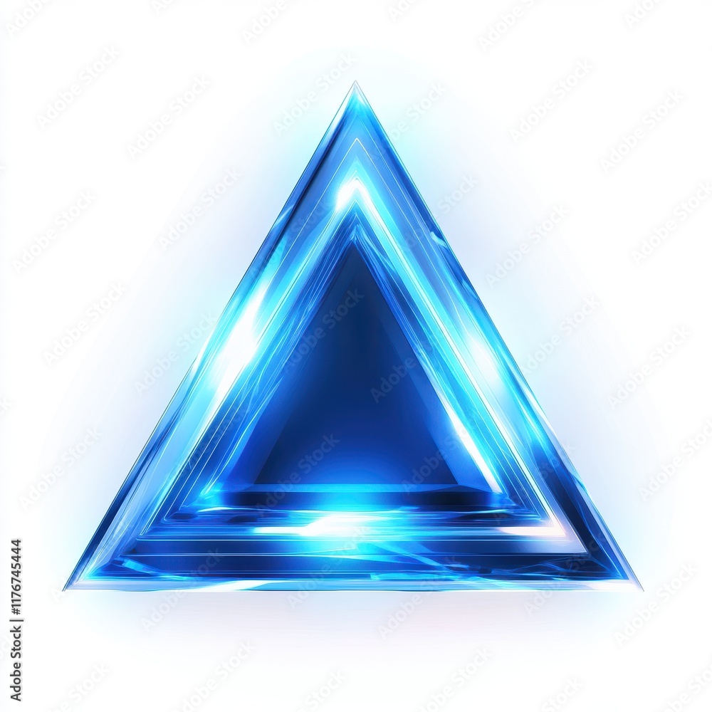 Poster a luminous blue triangular prism with a glossy surface and glowing edges, creating a vibrant effect.