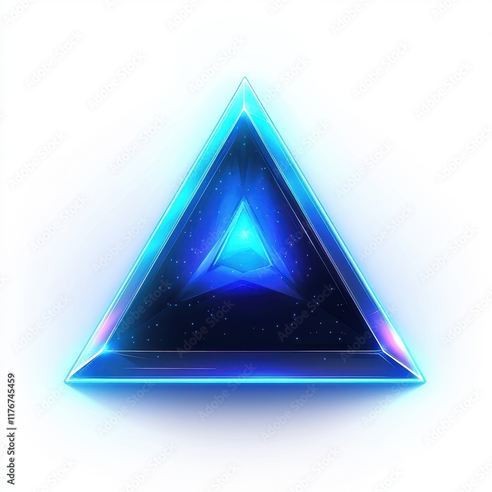 Poster a glowing blue triangular shape with intricate layers and a cosmic background, radiating light and d