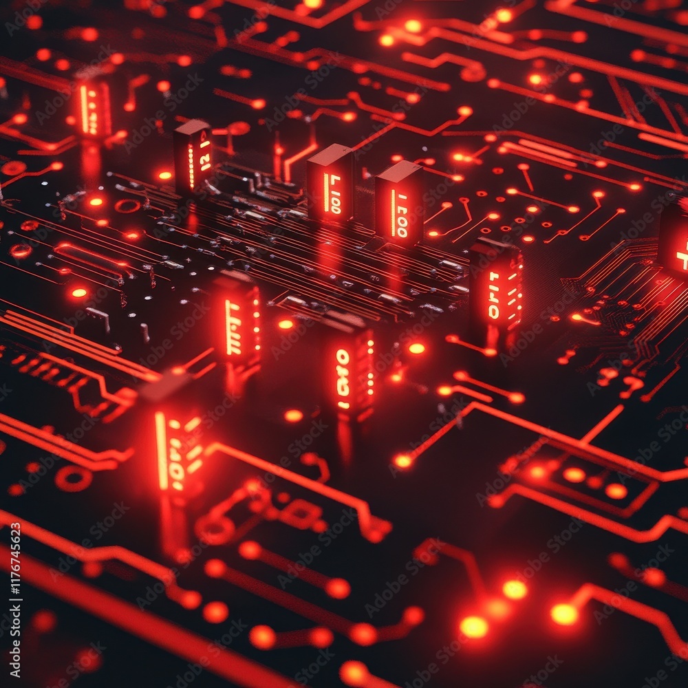 Poster close-up of a futuristic circuit board with glowing red components.