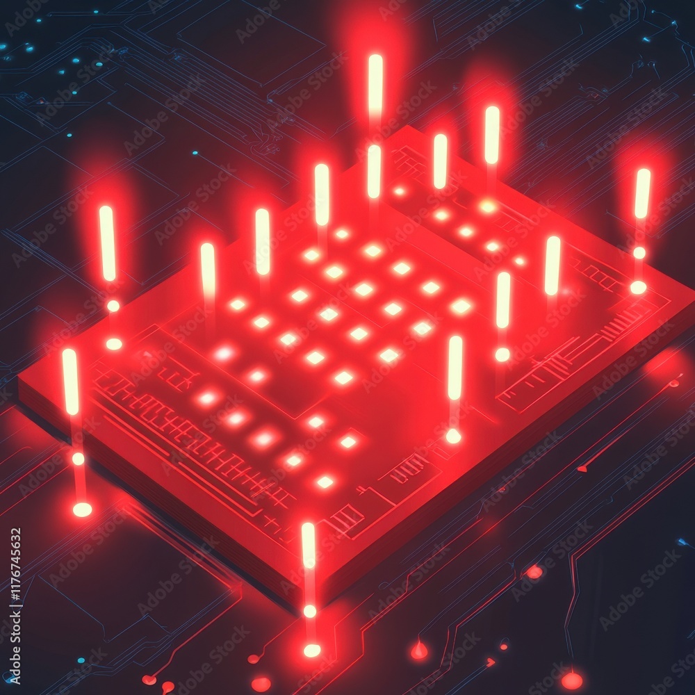 Poster futuristic red illuminated microchip in a dark digital landscape, symbolizing advanced technology an