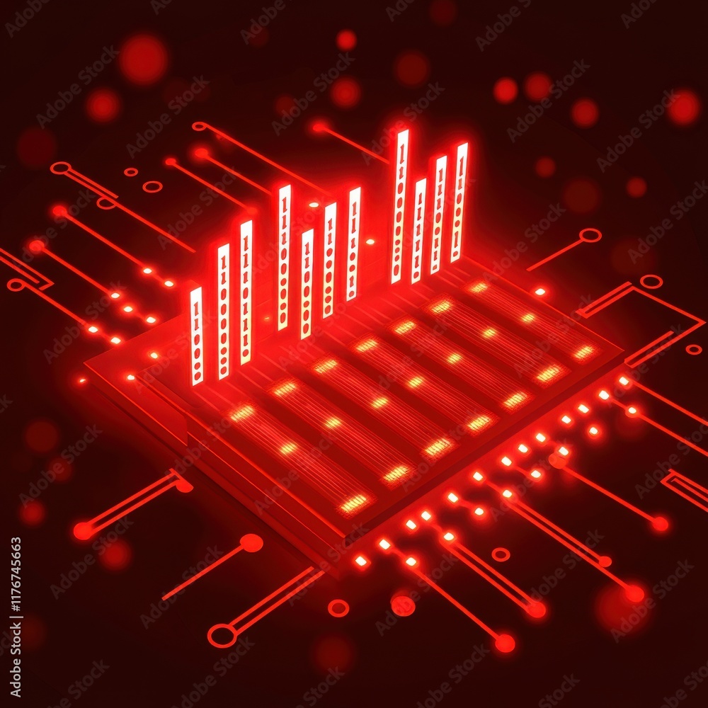 Poster a vibrant red digital data representation with illuminated bars, showcasing technology and innovatio