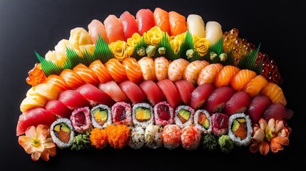 Delicious sushi rolls with rice and fish, soy sauce on a dark background. Sushi Verschiedene sorten.