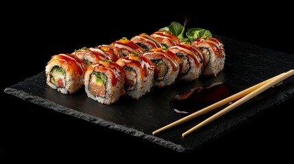Delicious sushi rolls with rice and fish, soy sauce on a dark background. Sushi Verschiedene sorten.