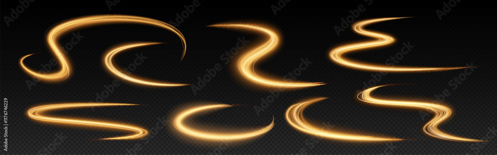 Poster speed light effect set with golden swirling trails - luminescent curved paths with yellow glow on tr