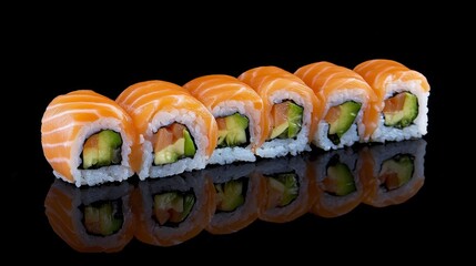 Delicious sushi rolls with rice and fish, soy sauce on a dark background. Sushi Verschiedene sorten.