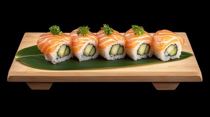 Delicious sushi rolls with rice and fish, soy sauce on a dark background. Sushi Verschiedene sorten.
