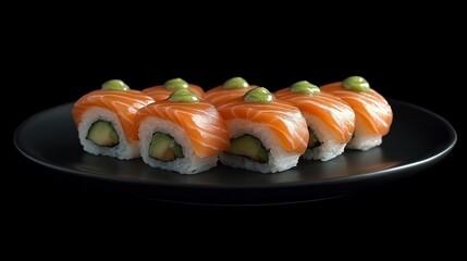 Delicious sushi rolls with rice and fish, soy sauce on a dark background. Sushi Verschiedene sorten.