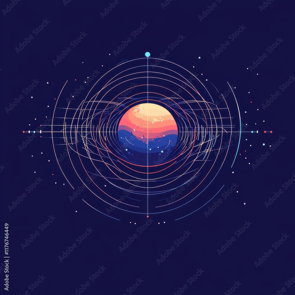 Poster a vibrant digital illustration of a planet surrounded by dynamic wave patterns and cosmic elements.