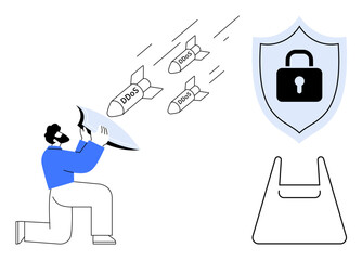 Person holding shield deflecting incoming missiles labeled DDoS towards a security shield, symbolizing defense. Ideal for cybersecurity, digital protection, online safety, threat mitigation, data