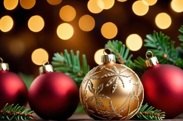 christmas ornaments on a table with lights in the background