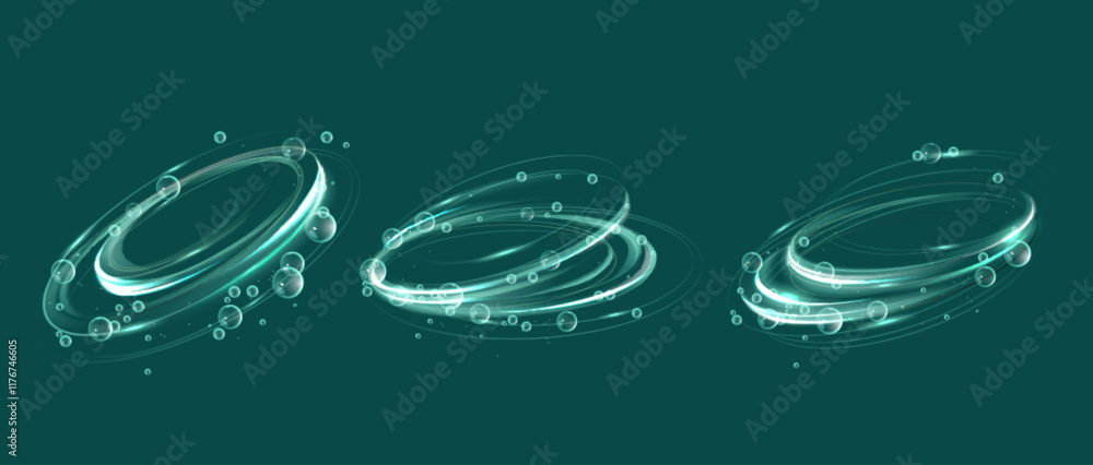 Poster bubble swirl effect designs with transparent circular shapes, glowing turquoise edges and floating s