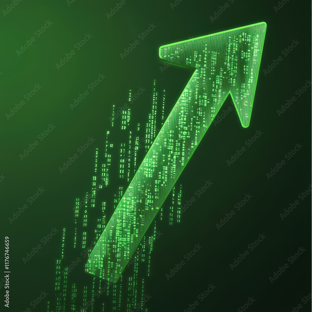 Poster a glowing green digital arrow symbolizing growth and progress amidst flowing binary code.