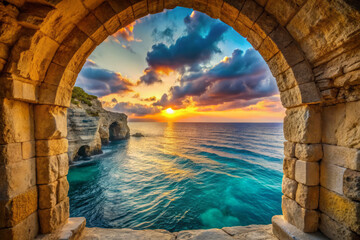 stunning stone archway frames vibrant sunset over ocean, creating serene atmosphere