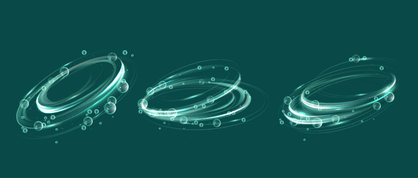 Bubble swirl effect designs with transparent circular shapes, glowing turquoise edges and floating spheres. Luminous spiral patterns of underwater movement illusion for laundry and body care design.