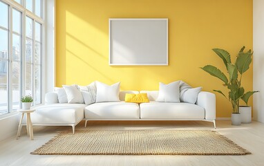 White sofa, plant, frame mockup in sunny yellow living room.