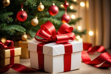 there is a white gift box with a red ribbon and a gold gift box with a red bow