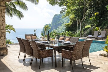 Outdoor dining set with glass top table, 6 brown wicker rattan chairs, and outdoor pool in the background, ideal for alfresco dining.