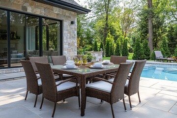 Outdoor dining set with glass top table, 6 brown wicker rattan chairs, and outdoor pool in the background, ideal for alfresco dining.