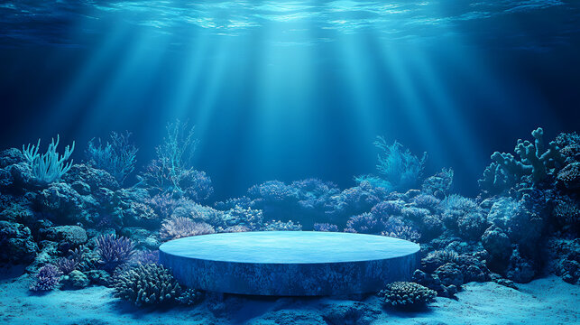 A podium in the middle of an underwater scene, surrounded by coral reefs and sea plants. Suitable for product displays or presentation backgrounds.