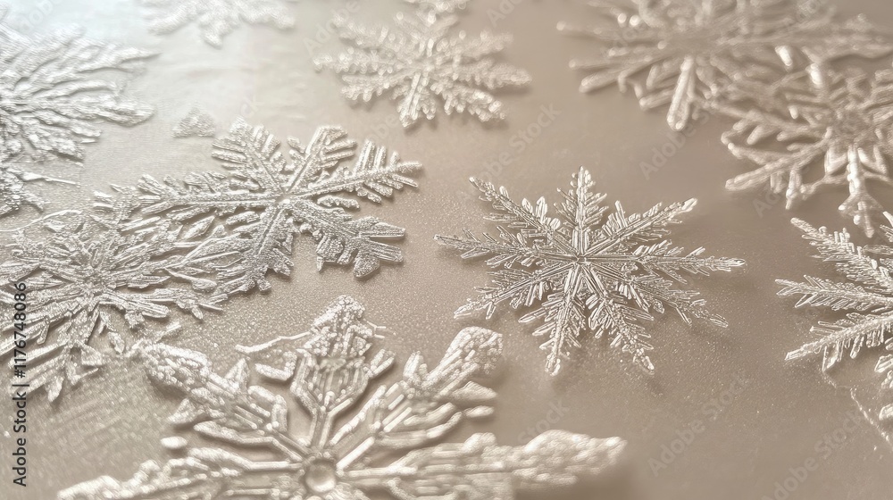 Poster close-up of freshly fallen snowflakes on a smooth surface, showcasing intricate crystalline patterns