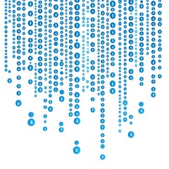 Abstract design featuring cascading blue information symbols against a white background.