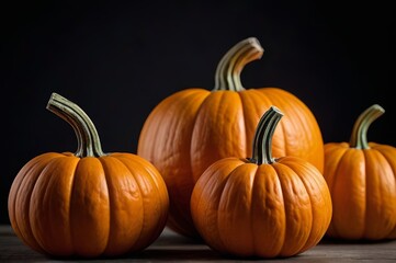 there are five small pumpkins sitting on a table with a black background