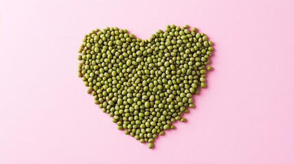 Mung beans artfully arranged in a heart shape, isolated on a soft pink background with soft diffuse light