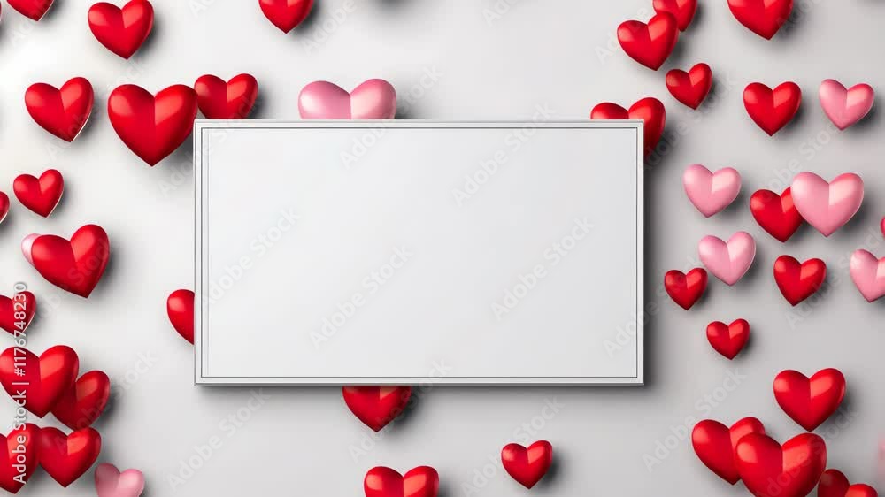 Aufkleber white frame with a red heart in the middle surrounded by many red hearts. the frame is empty and the