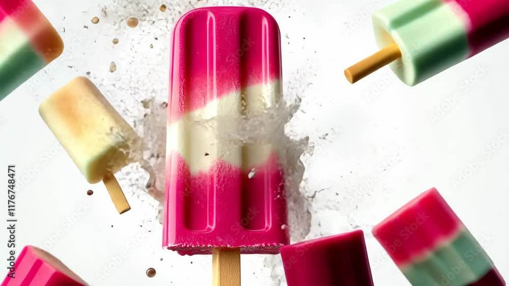 Poster close up of a pink and white ice cream cone with a white stripe. the image is a close up of a row of