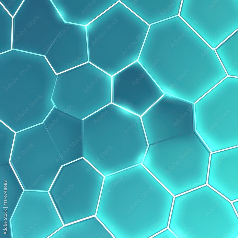 Poster abstract hexagonal pattern in shades of blue with glowing edges, creating a futuristic and sleek loo