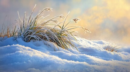 Obraz premium Close-up of snow-covered grass blades, frosty edges and glistening ice details in focus against a soft winter background.