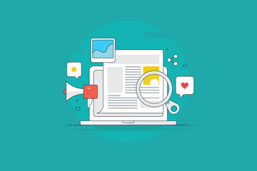 Social media, blog article and online press release, digital news magazine e-book publish on internet filled outline vector illustration design banner.