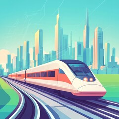 Naklejka premium A sleek, modern high-speed train traveling past a vibrant city skyline, showcasing urban innovation.
