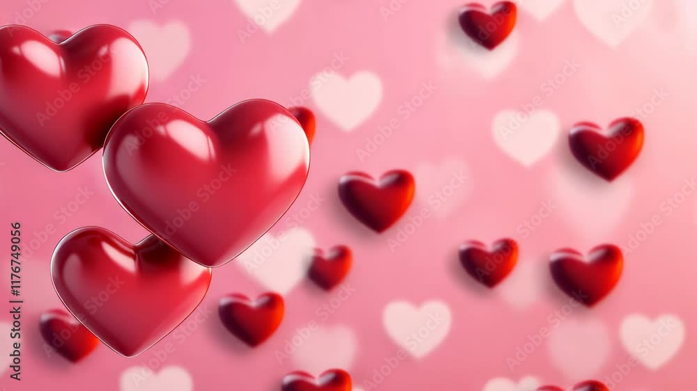 Poster three red hearts are floating in the air above a pink background. the hearts are arranged in a way t