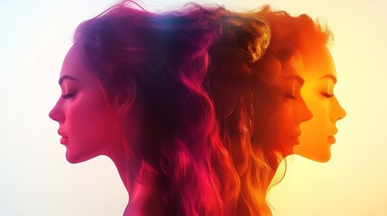 A vibrant, artistic representation of a woman's profile with flowing hair in gradient colors.