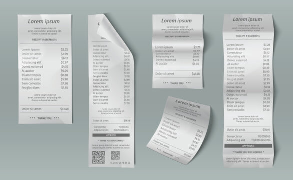 Paper receipt bill collection - curled white purchase documents with transaction details, price listing, QR code, approval stamp and thank you message. Financial mockup templates with payment records.